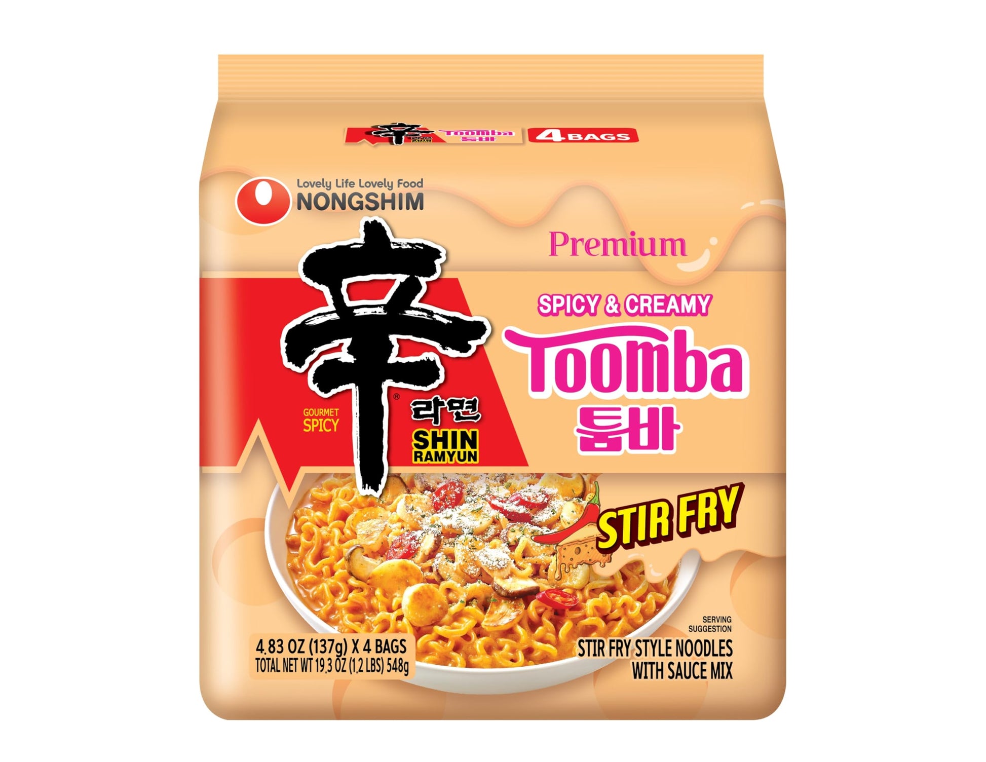 Nongshim Ramen Noodles, Gourmet Instant Ramen, Premium Noodle, Spicy Creamy Stir Fry, Shin Toomba, 4.83oz (Pack of 4)