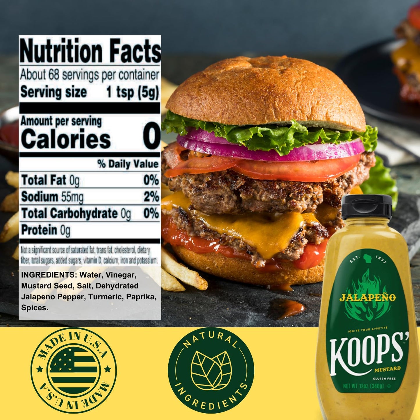 Koops  Jalapeno Mustard - Spicy Gourmet Mustard, Gluten-Free, Kosher, Made in USA, From Quality Mustard Seeds, Hot Mustard Sauc