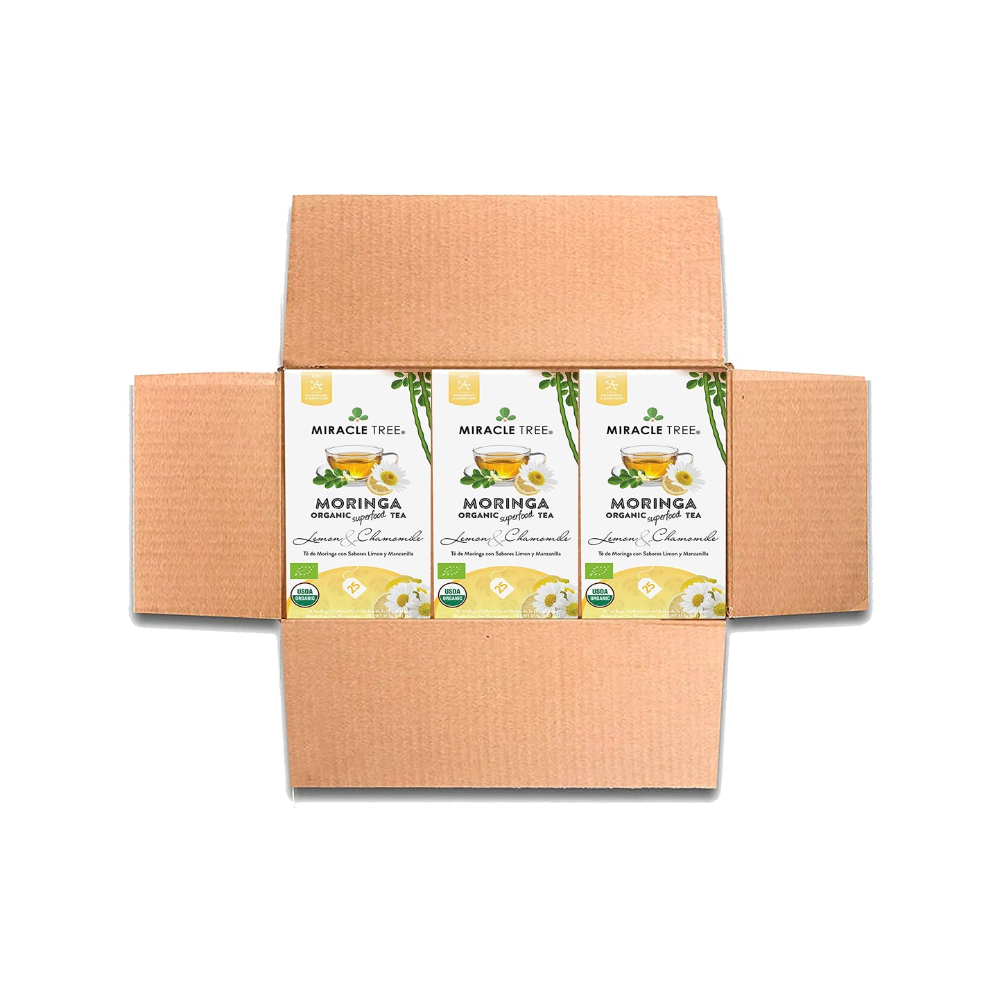 Miracle Tree Organic Moringa Superfood Tea - 3 Pack, 25 Individually Sealed Bags, Lemon & Chamomile, Vegan, Gluten-Free, Caffeine-Free