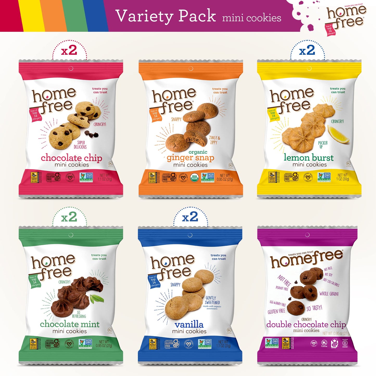 Homefree Mini Cookies Variety Pack, Gluten Free, Nut Free, Vegan, Cookie Snack Packs, School Safe And Allergy Friendly Snack (Pack Of 10)
