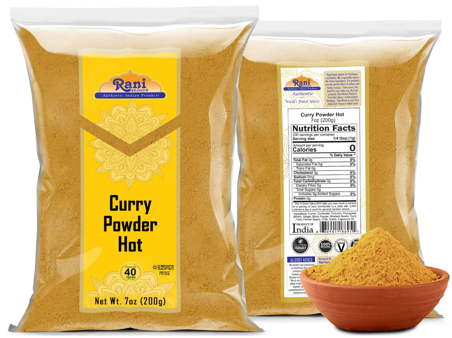 Rani Curry Powder Hot (11-Spice Authentic Indian Blend) 7oz (200g) ~ All Natural | Salt-Free | Vegan | No Colors | Gluten Friend