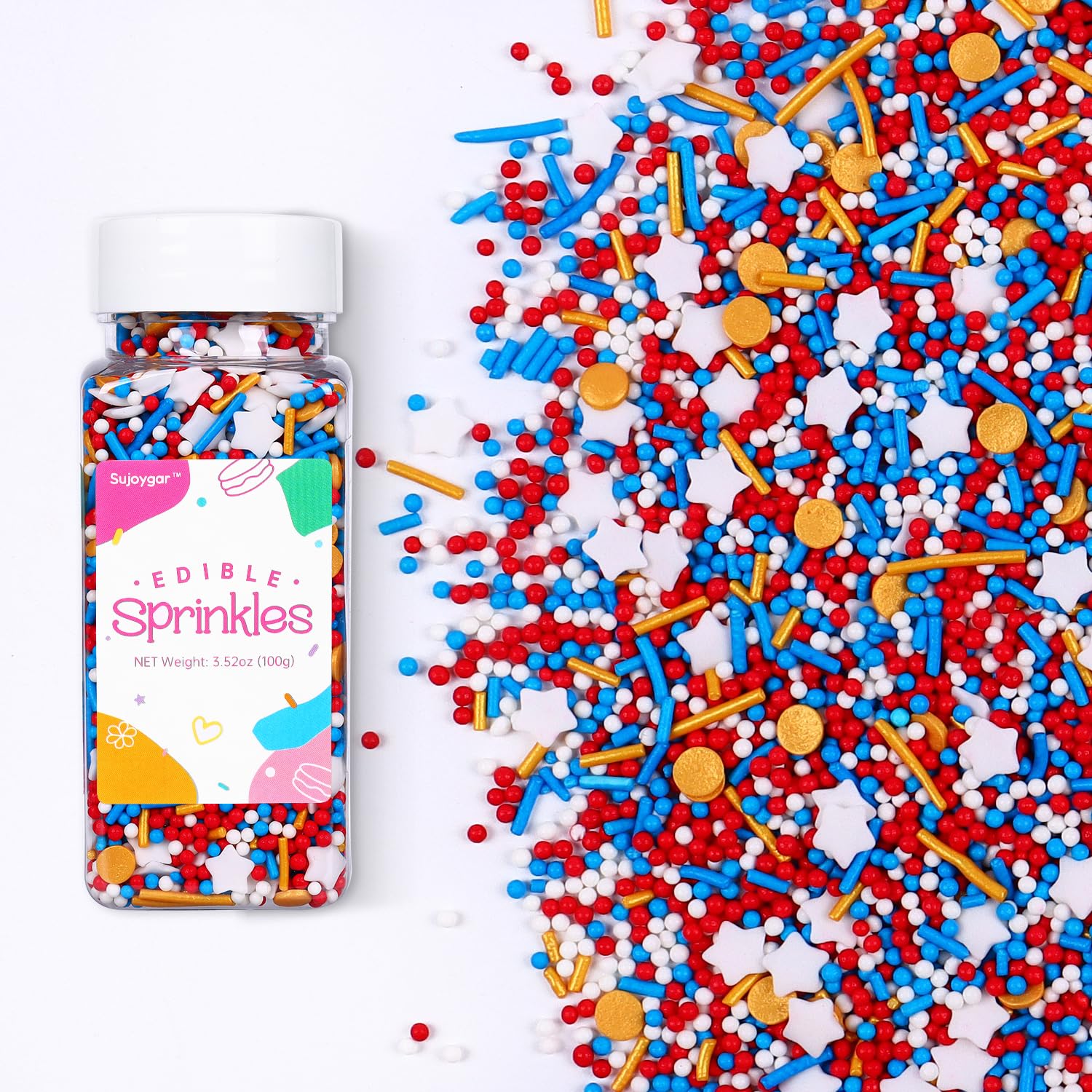 Patriotic Sprinkles for Cake Decorating, Food Grade Red White and Blue Star Sprinkles for Cupcakes Cakes Ice Cream Desserts Cook