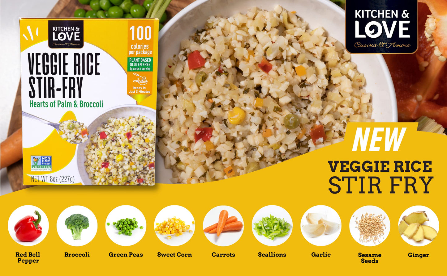 Kitchen & Love Hearts Of Palm Veggie Rice Stir Fry, Low Carb, Low Calories, Plant Based, Non Gmo, Gluten Free Rice Alternative,
