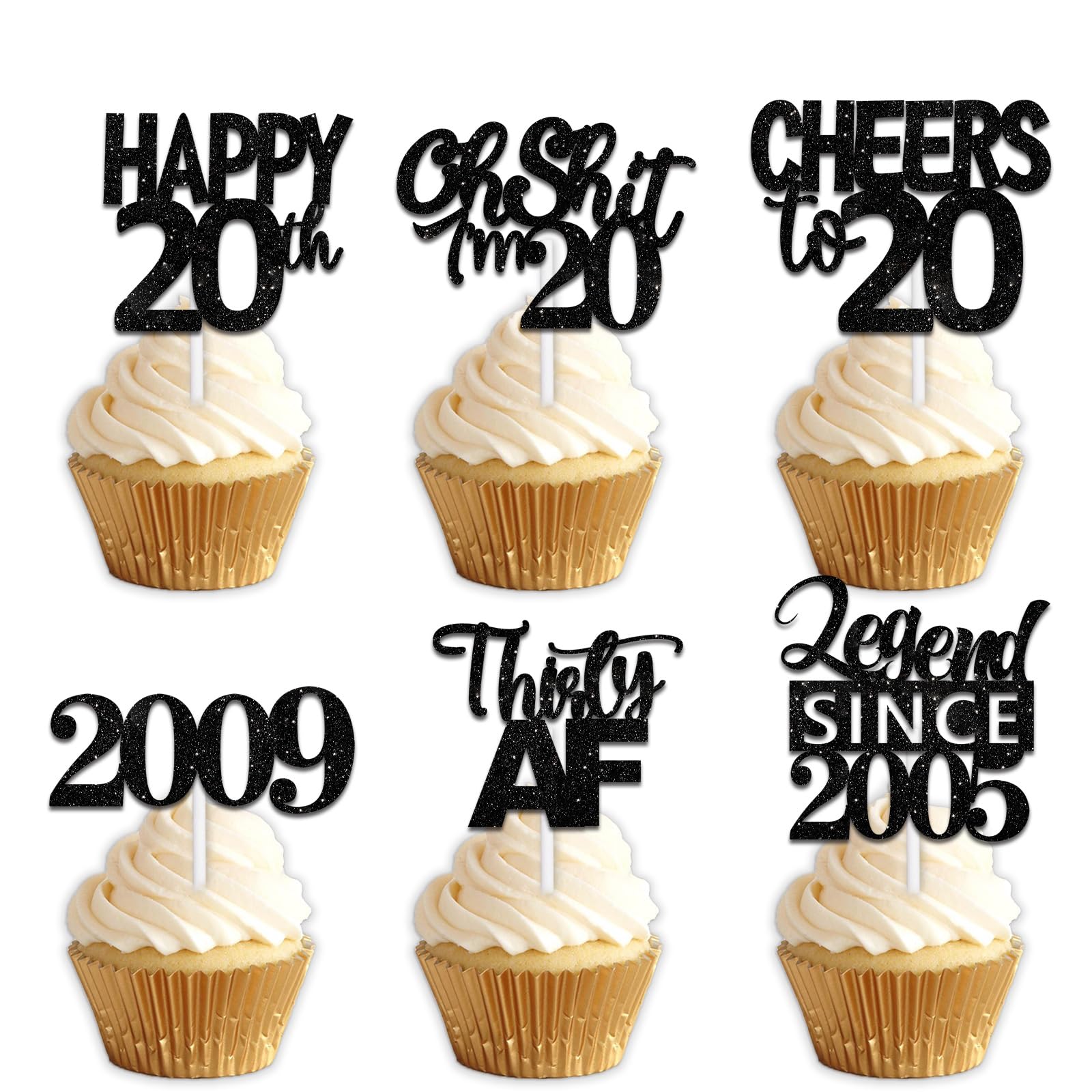 18pcs Black Glitter Happy 20th Dessert Cupcake Topper Pick for Funny Legend Since 2005 Theme Decor Supplies Men Women Happy 20 B