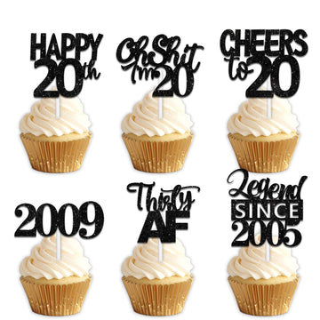 18pcs Black Glitter Happy 20th Dessert Cupcake Topper Pick for Funny Legend Since 2005 Theme Decor Supplies Men Women Happy 20 B