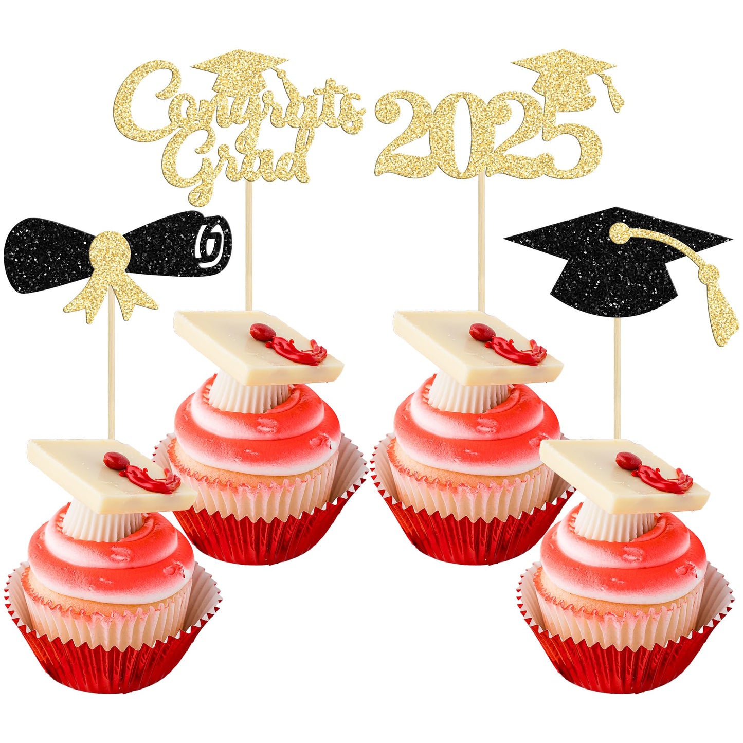Gyufise 24Pcs 2025 Graduation Cupcake Toppers Black Glitter Congrats Grad 2025 Graduation Cap Diploma Cupcake Picks 2025 Graduat