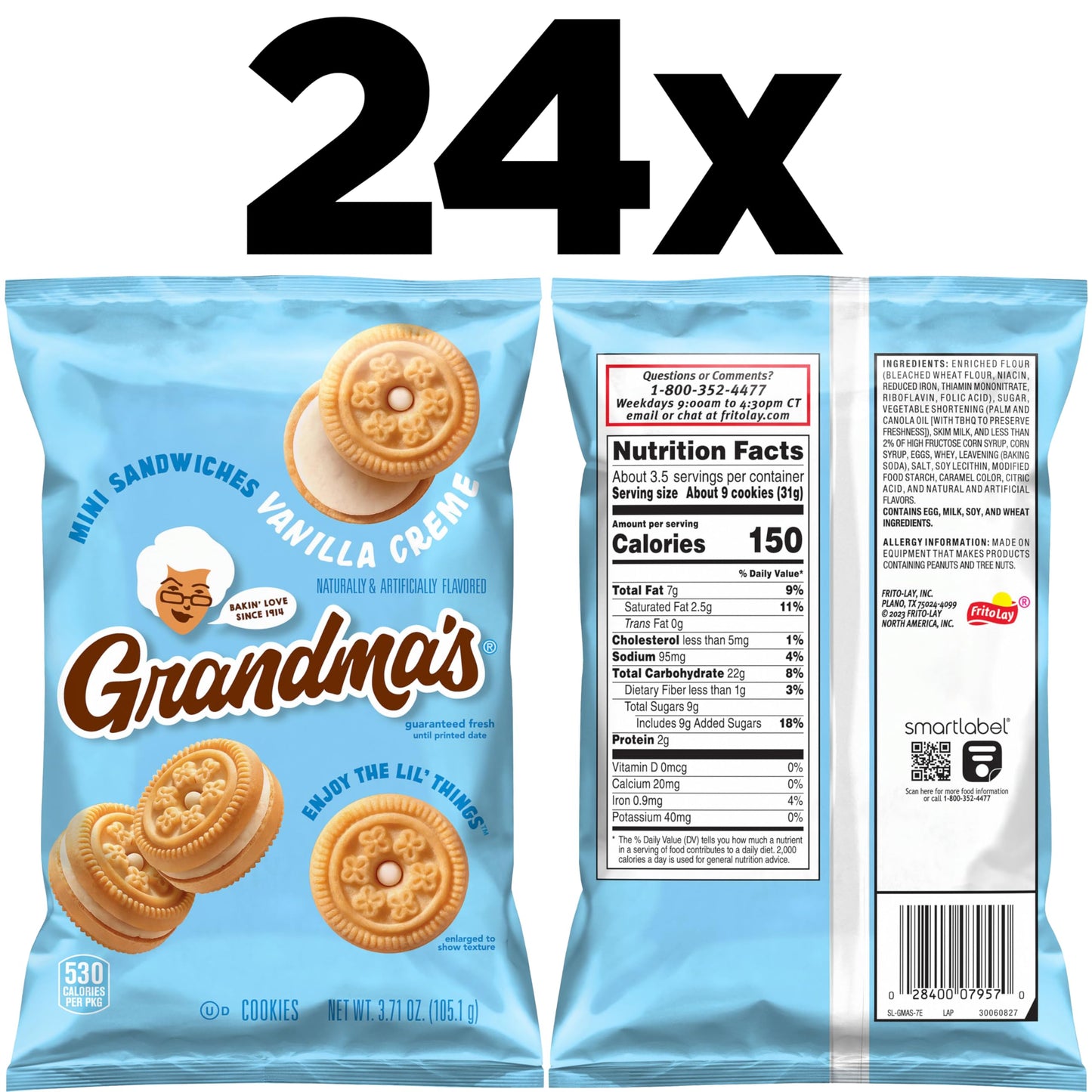 Grandmas Mini Cookies, Vanilla Sandwich Crme Cookies, 3.71 Oz Cookie Bag, (24 Pack) (Packaging May Vary)