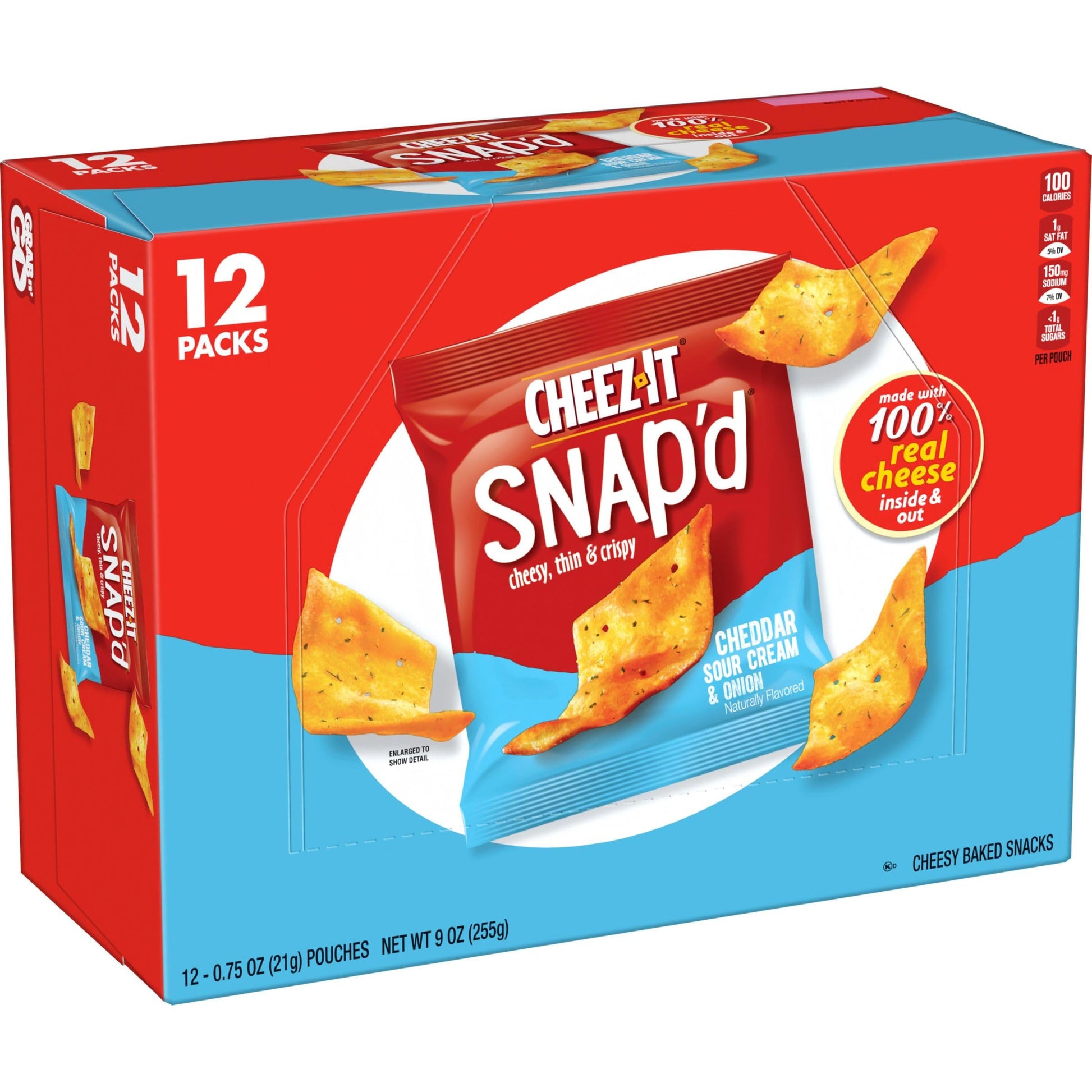 Cheez-It Snap'D Cheese Cracker Chips, Thin Crisps, Lunch Snacks, Cheddar Sour Cream And Onion, 9Oz Box (12 Pouches)
