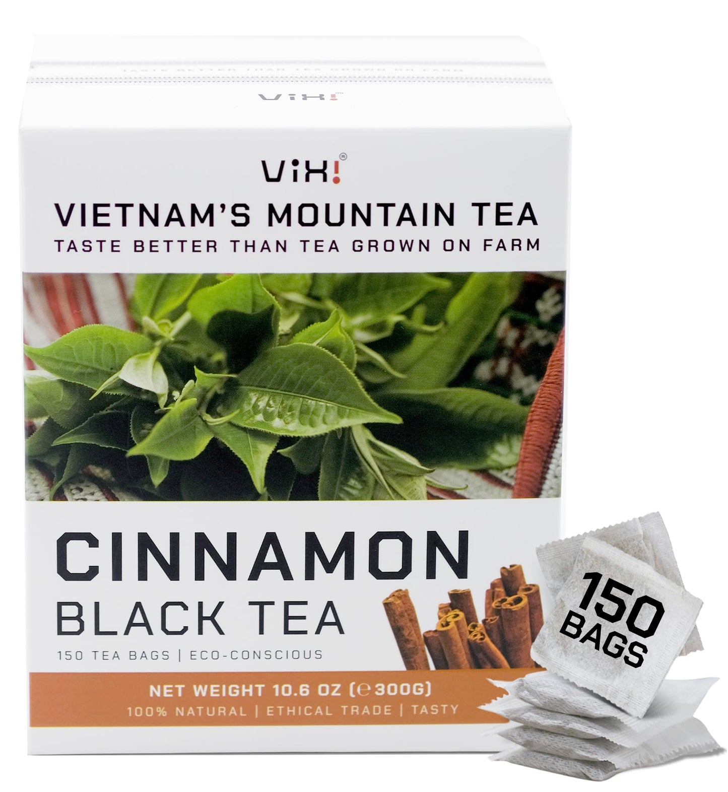 Vixi Cinnamon Tea Bags Blended With Black Tea, 150 Counts, Vietnam'S Mountain Tea, Herbal Tea, Bold Flavored, Taste Like Chai Te