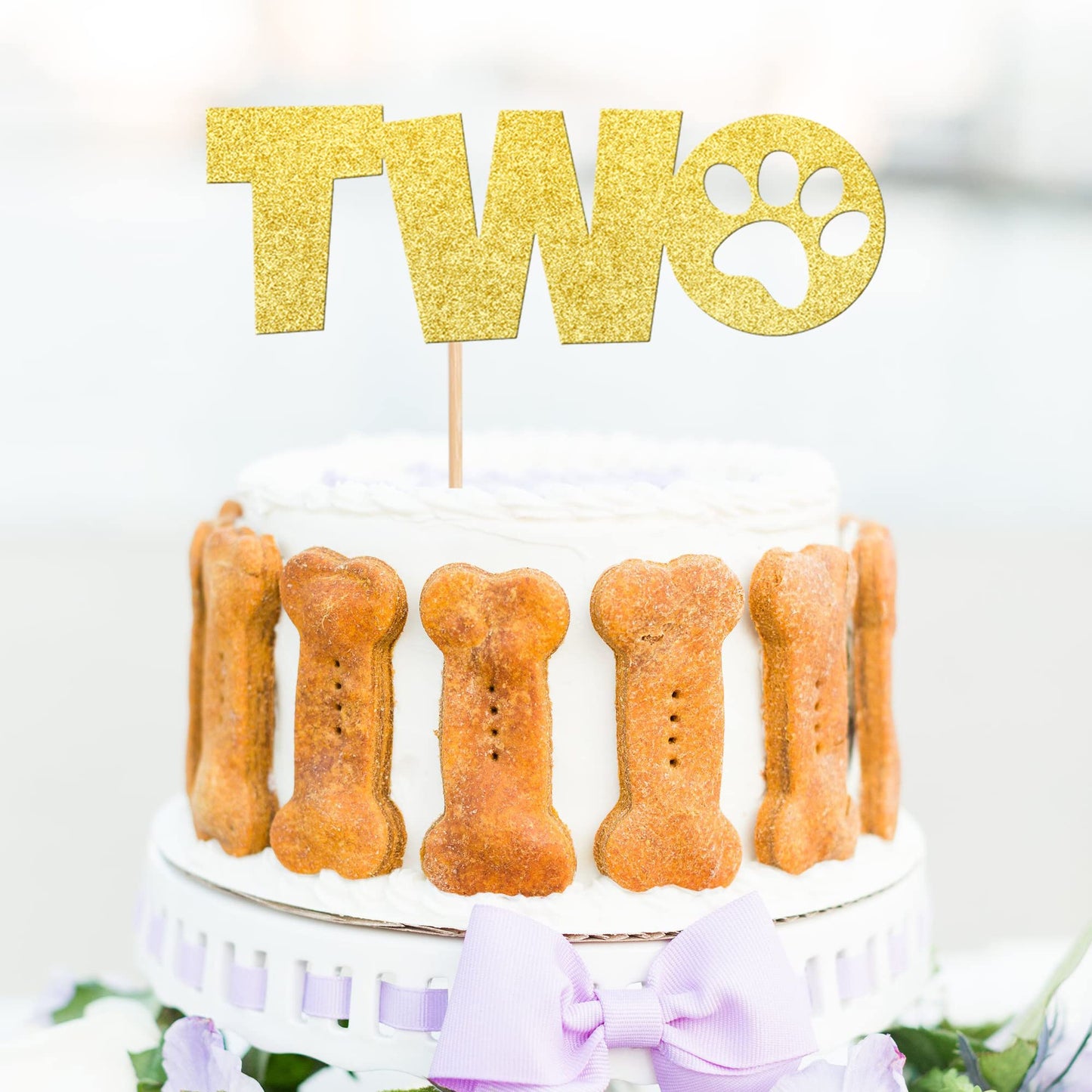 1 Pcs Two Cake Topper Gold Glitter Dog Paw 2 Years Old Birthday Cake Pick For Puppy Dog Let'S Pawty Theme Kids Boys Girls 2Nd Bi