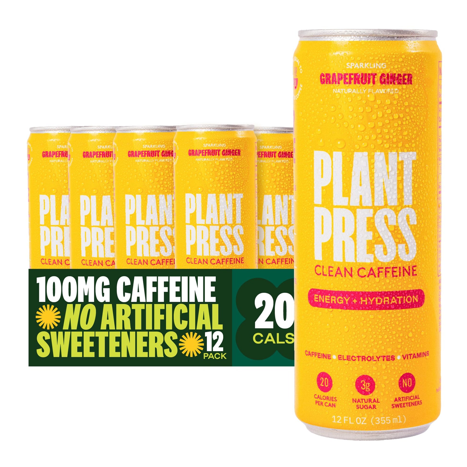Plant Press Organic Energy Drink - 100 mg Caffeine, No Sugar Alcohols, Grapefruit Ginger, 12 Fl Oz (Pack of 12)