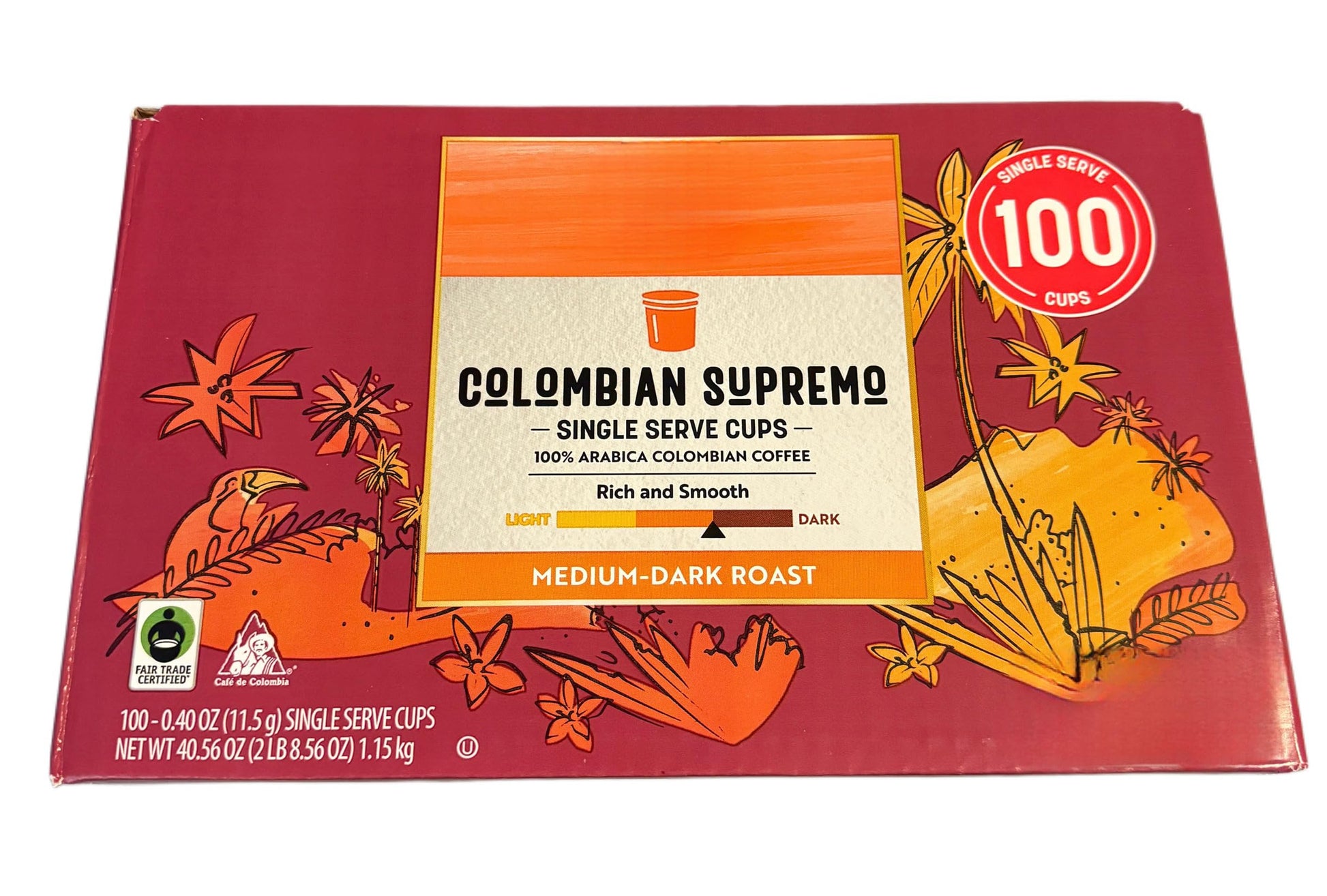 Colombian Supremo Arabica Medium-Dark Roast Coffee Pods  100 Ct. Compatible With K-Cups Beverage Makers