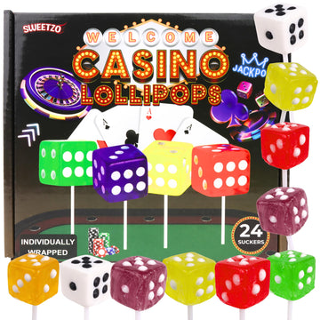 Dice Shaped Lollipops, Casino Themed Candy for Parties and Events, Bulk Individually Wrapped Suckers, Fruit Flavored (24 Pieces)