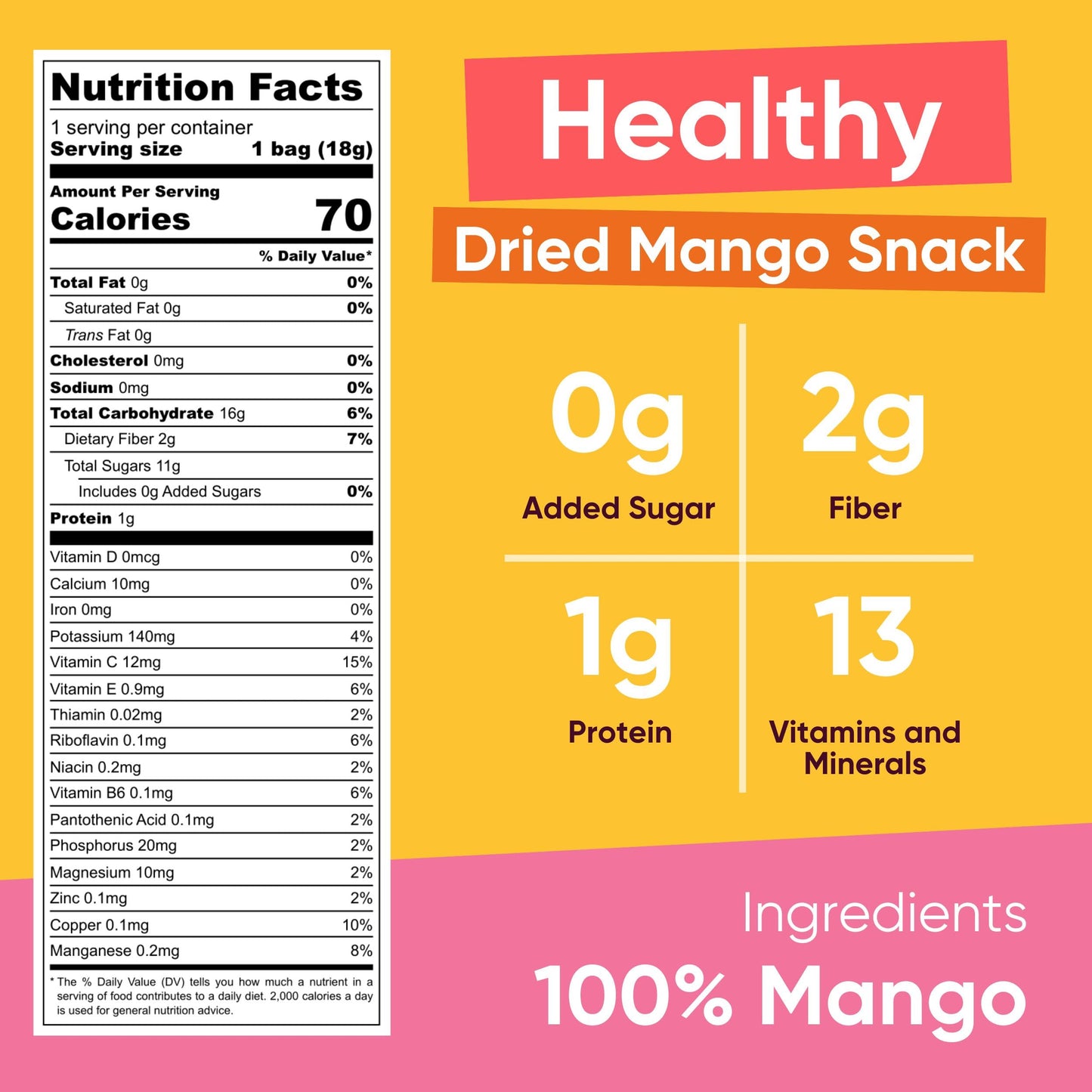 Yammy Dried Mango Chips, No Sugar Added, Low Calorie Vegan Snack, 0.6oz Pack of 18