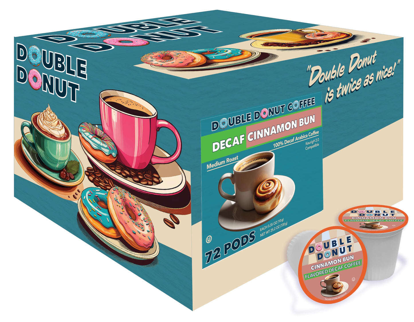 Double Donut Coffee Decaf Cinnamon Bun Flavored Coffee Pods, Medium Roast, 72 Count Value Pack, Compatible with Keurig K Cups