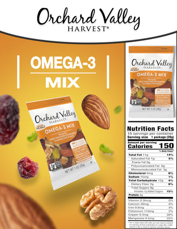 Orchard Valley Harvest Omega-3 Mix, 1 Ounce Bags (Pack Of 15), Walnuts, Cranberries, Almonds, And Pistachios, Gluten Free, Non-G