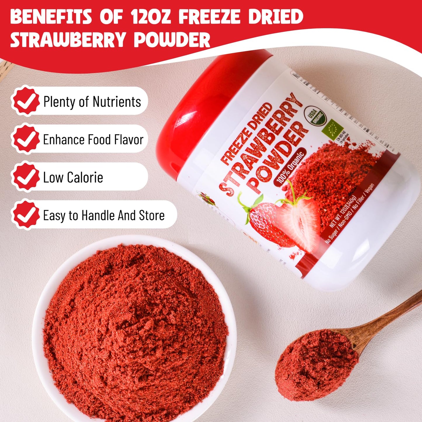 12Oz Organic Freeze Dried Strawberry Powder - 100% Natural Dry Strawberries, No Added Suger, Vegan & Non-Gmo, Strawberry Powder