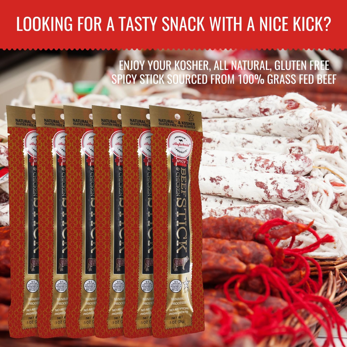 Aufschnitt Grass Fed Beef Jerky Sticks - Low Sodium, Certified Kosher - Halal And Keto Friendly - 6 Pack, Spicy