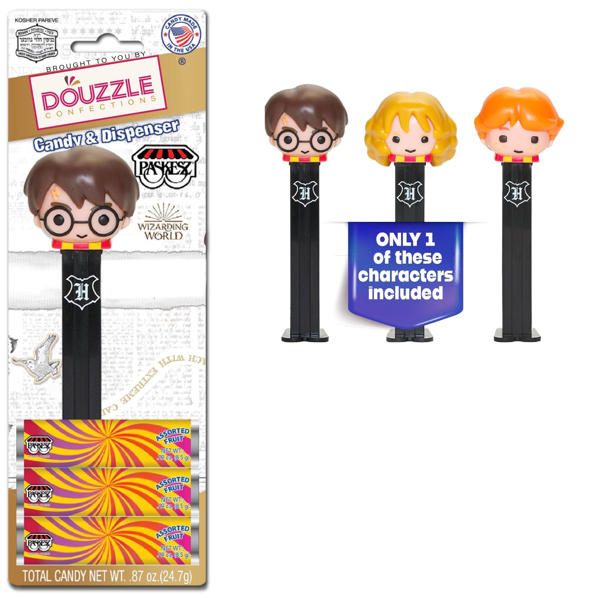 DOUzzle Kosher Pez Candy & Harry Potter Dispenser + 3 Assorted Fruit Refills (Pack of 1) Gluten Free, Kosher Parve, USA Made