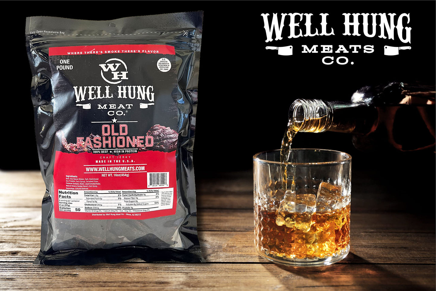 Well Hung Meats Old Fashioned Beef Jerky One Pound Resealable Craft Jerky Bag (16Oz)