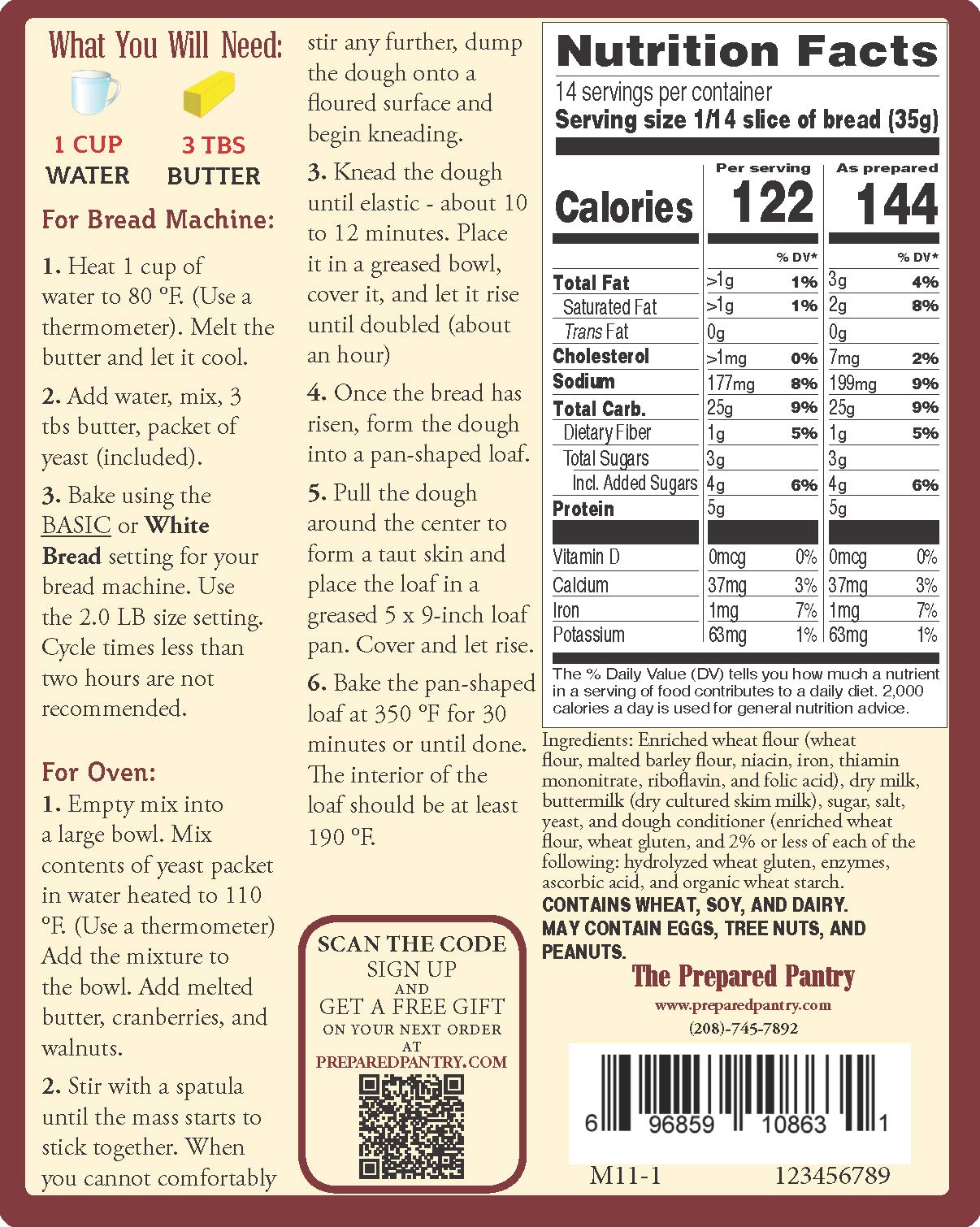 The Prepared Pantry Buttermilk White Bread Mix; Single Pack; For Bread Machine or Oven