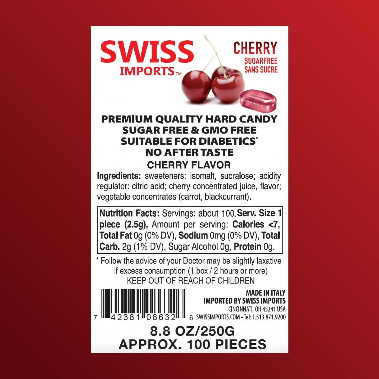 Swiss Imports Sugar Free Bonbons Hard Candy Drops, Cherry, 100 Individually Wrapped Pieces, 250G/8.8Oz