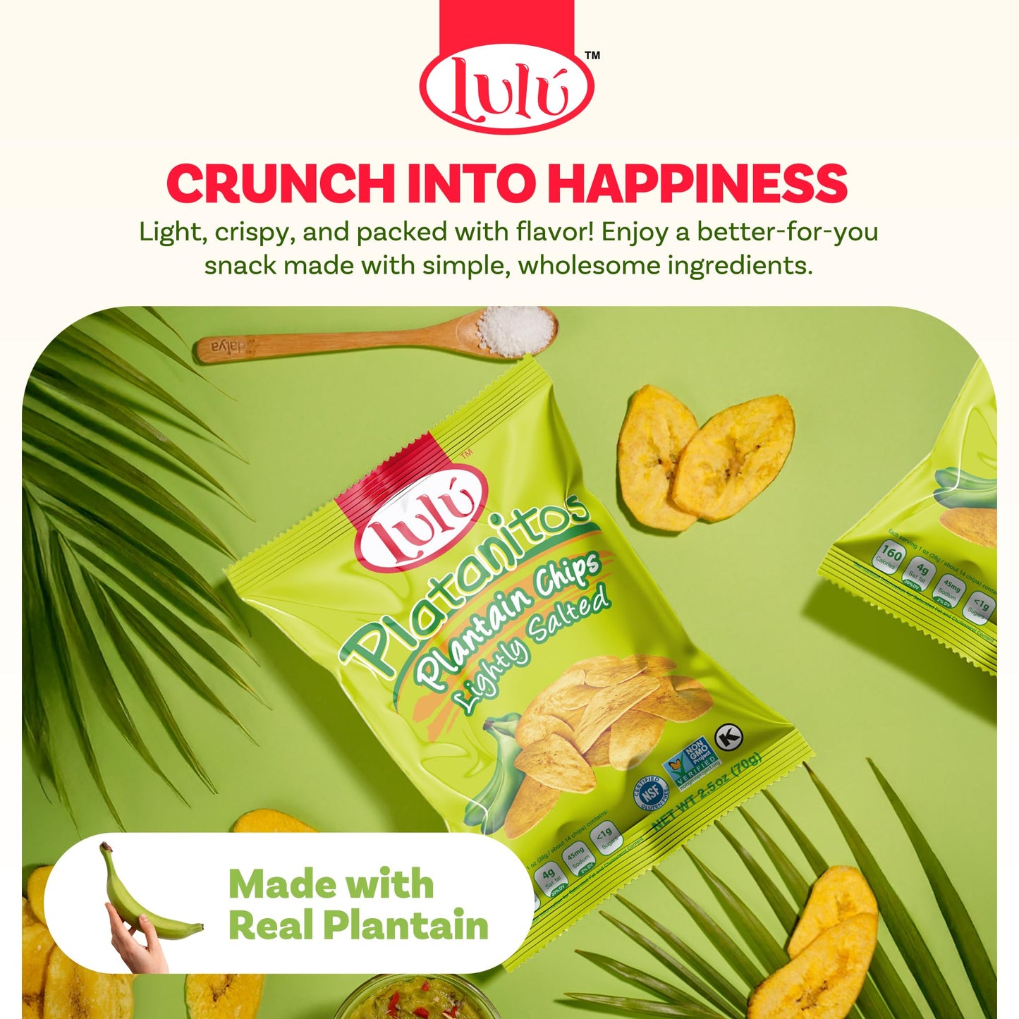 LULU Plantain Chips - Lightly Salted, 30 Individual Bags (2.5 Oz Each) - Crunchy, Delicious, Kosher, Gluten-Free Healthy Snacks