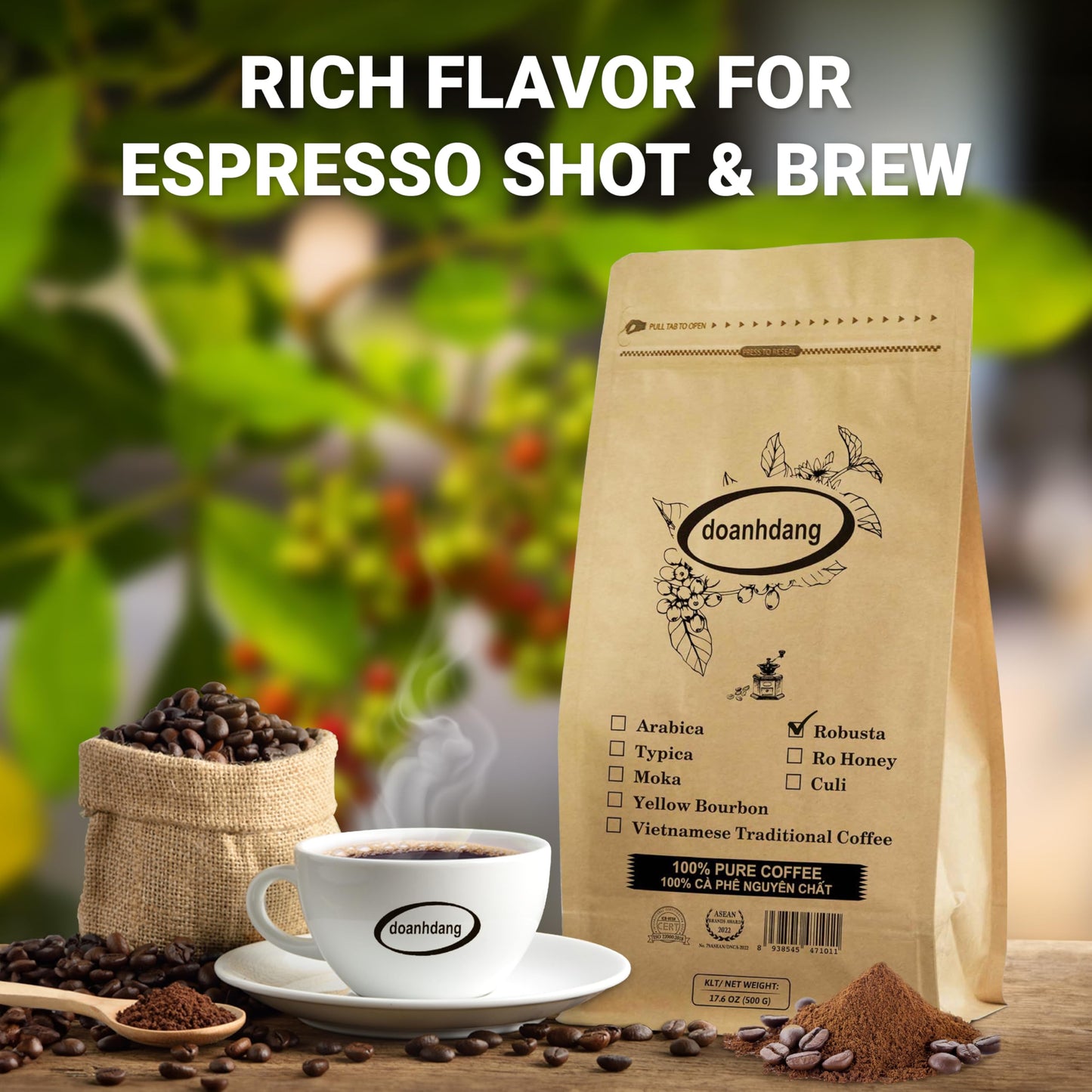 Doanhdang - 17.6 Oz Enhanced Robusta Ground Bean Coffee, 100% Robusta Medium Roast, Rich Flavor For Espresso Shot And Brew, Origin From Vietnam, Ground Med Roast Beans