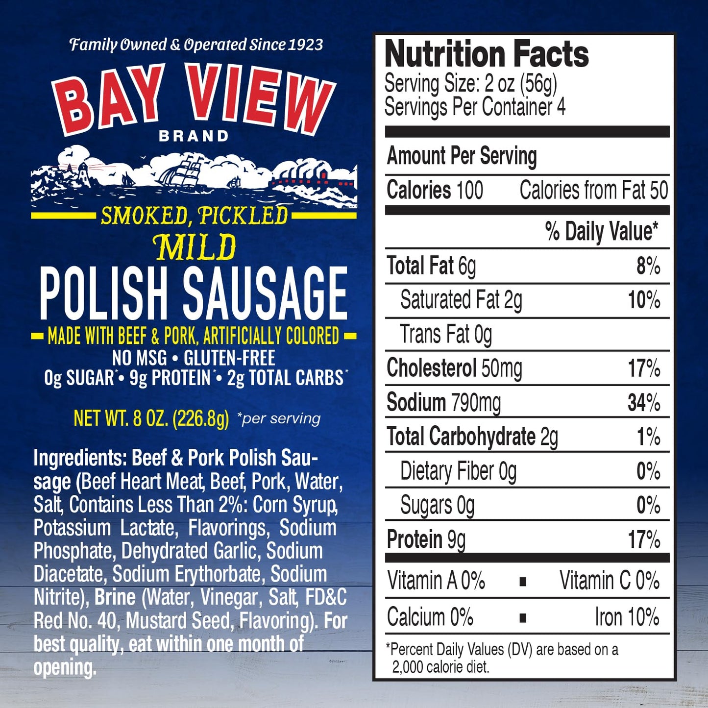BAY VIEW BRAND Smoked Pickled Polish Sausage, Gluten Free, No MSG, 8oz