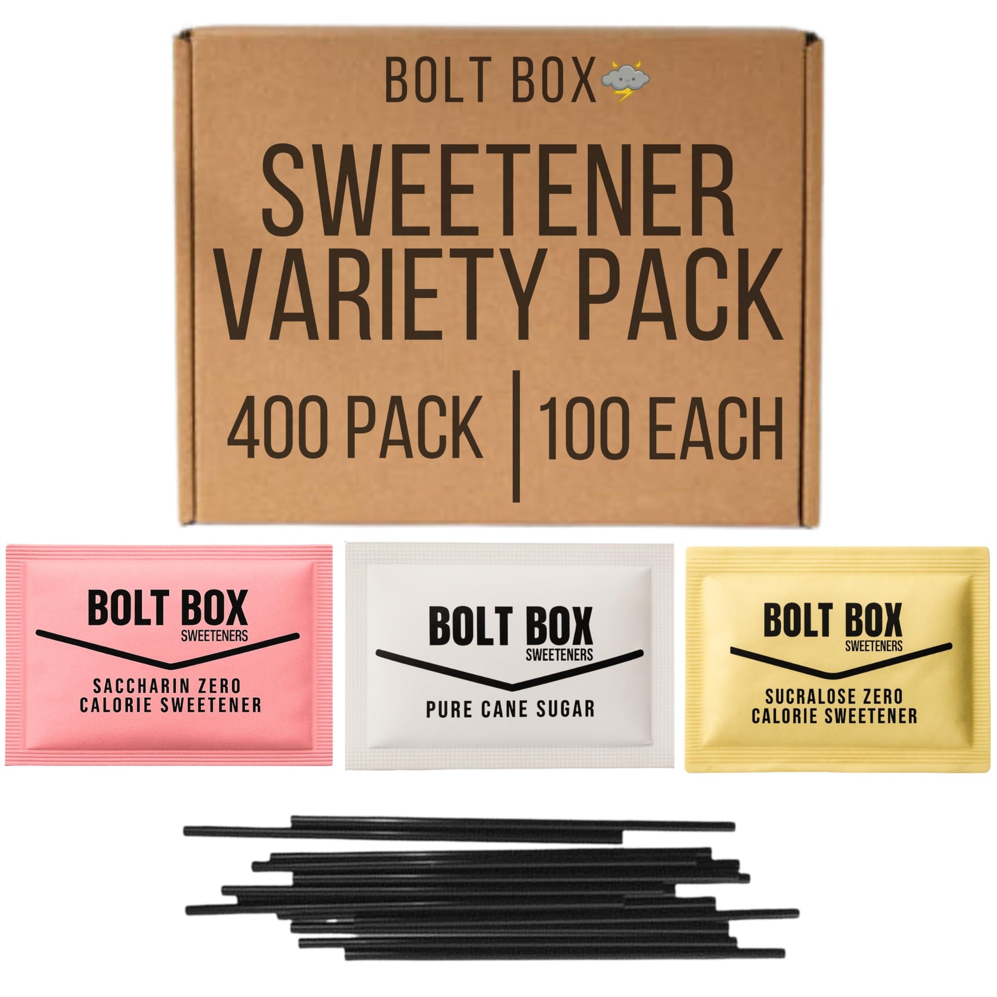 (400 total, 100 each) Bolt Box Sugar & Sweetener Packets Box - Cane Sugar, Substitute Packets, Plastic Coffee Stirrers