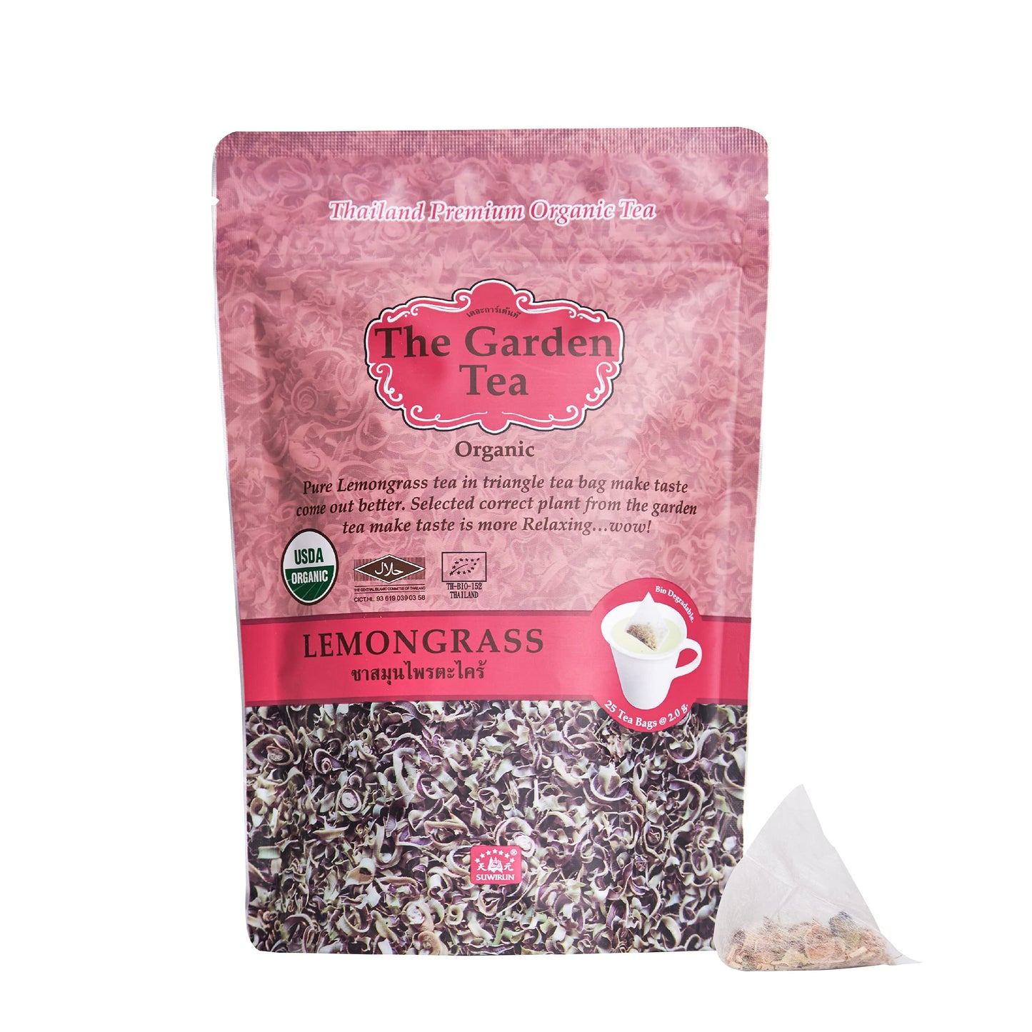 Suwirun Organic Lemongrass Tea 25 Bags - Product Of Thailand - Citrusy & Refreshing Herbal Tea  Energy Blend-Free  No Calories  Soothes Throat & Aids Digestion  Enjoy Hot Or Cold