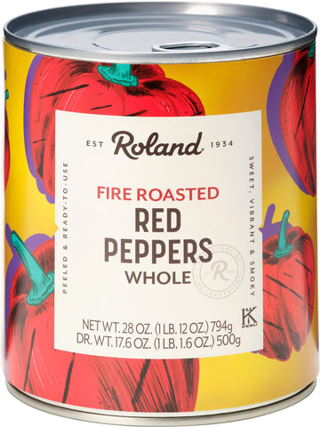 Roland Foods Whole Fire Roasted Red Peppers, Specialty Imported Food, 28 Ounce Can, Pack Of 4