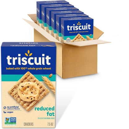 Triscuit Reduced Fat Whole Grain Wheat Crackers, Vegan Crackers, Vegan Snacks, Bulk Lunch Snacks, 6 - 7.5 oz Boxes