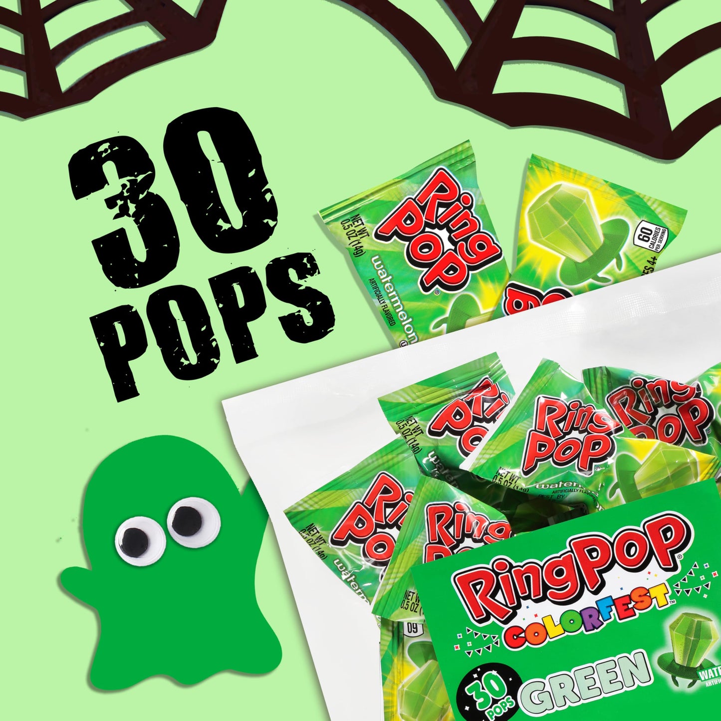 Ring Pop Green Halloween Candy Lollipops, 30Ct Bulk Candy Individually Wrapped in Green Watermelon Flavor, Full Size, Fun Hard C