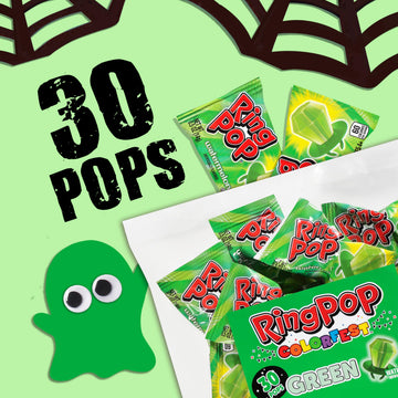 Ring Pop Green Halloween Candy Lollipops, 30Ct Bulk Candy Individually Wrapped in Green Watermelon Flavor, Full Size, Fun Hard C