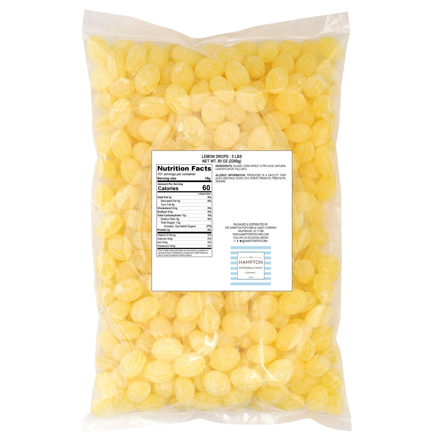 The Hampton Popcorn Company Claeys Sanded Lemon Drops Hard Sour Candy 5 Pound Bulk Bag