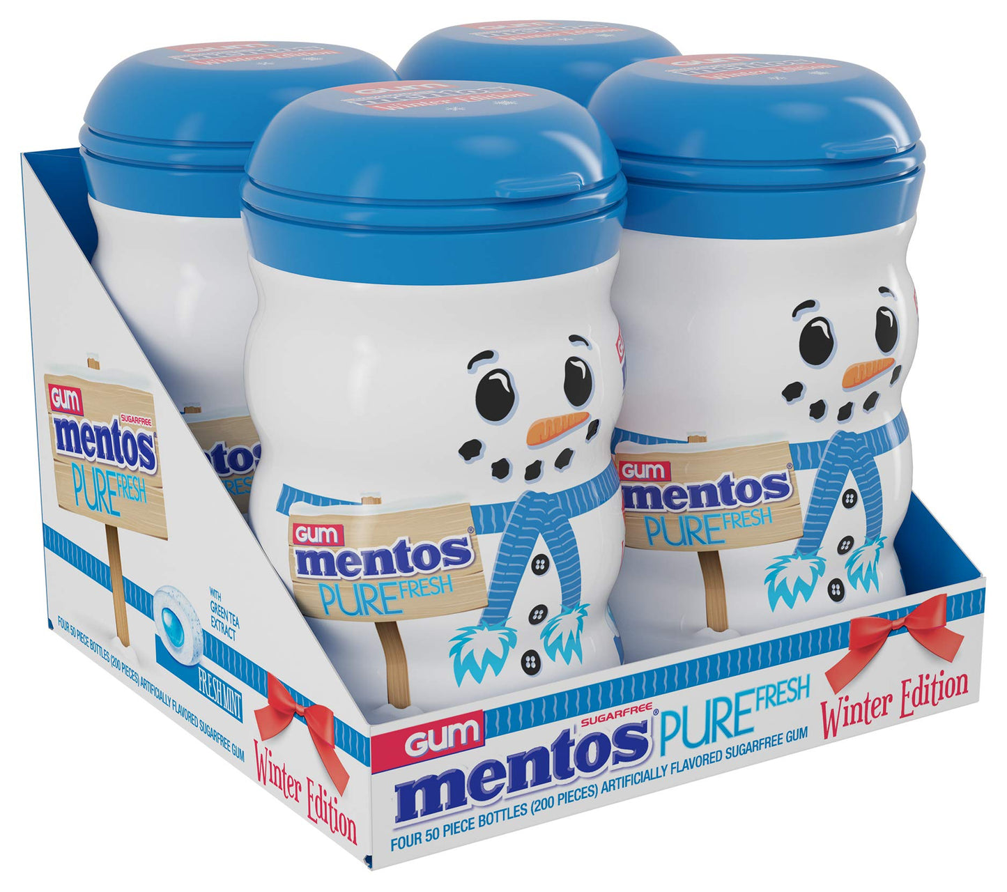 Mentos Sugar-Free Chewing Gum  Fresh Mint Flavor  Winter Edition Snowman Bottle  Holiday Stocking Stuffer  Secret Santa  50 Count (Pack of 4)