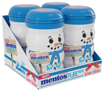 Mentos Sugar-Free Chewing Gum  Fresh Mint Flavor  Winter Edition Snowman Bottle  Holiday Stocking Stuffer  Secret Santa  50 Count (Pack of 4)