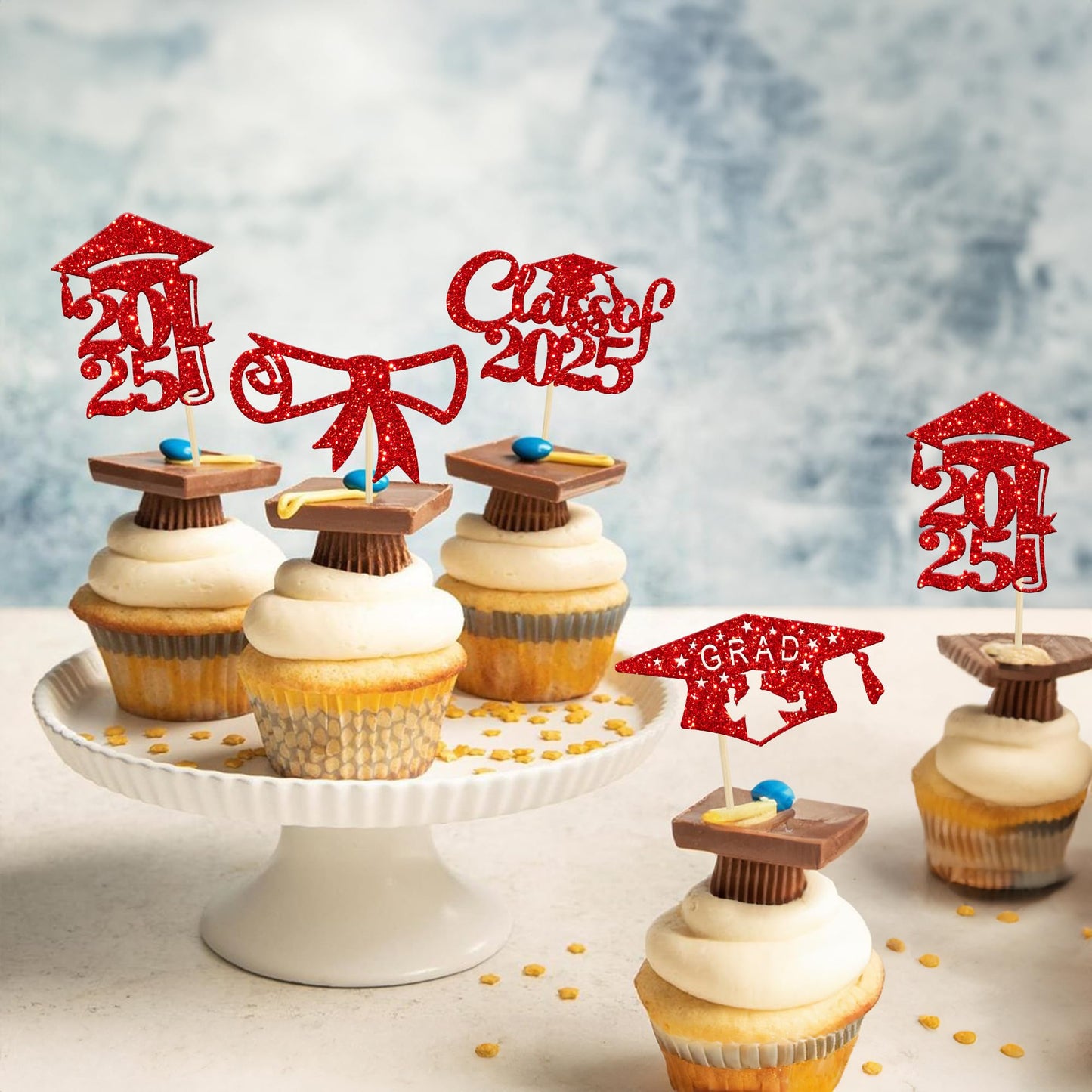 Gyufise 24Pcs 2025 Graduation Cupcake Toppers Red Glitter Class Of 2025 Diploma Congrats Grad Cap Cupcake Picks Decoratiosn For