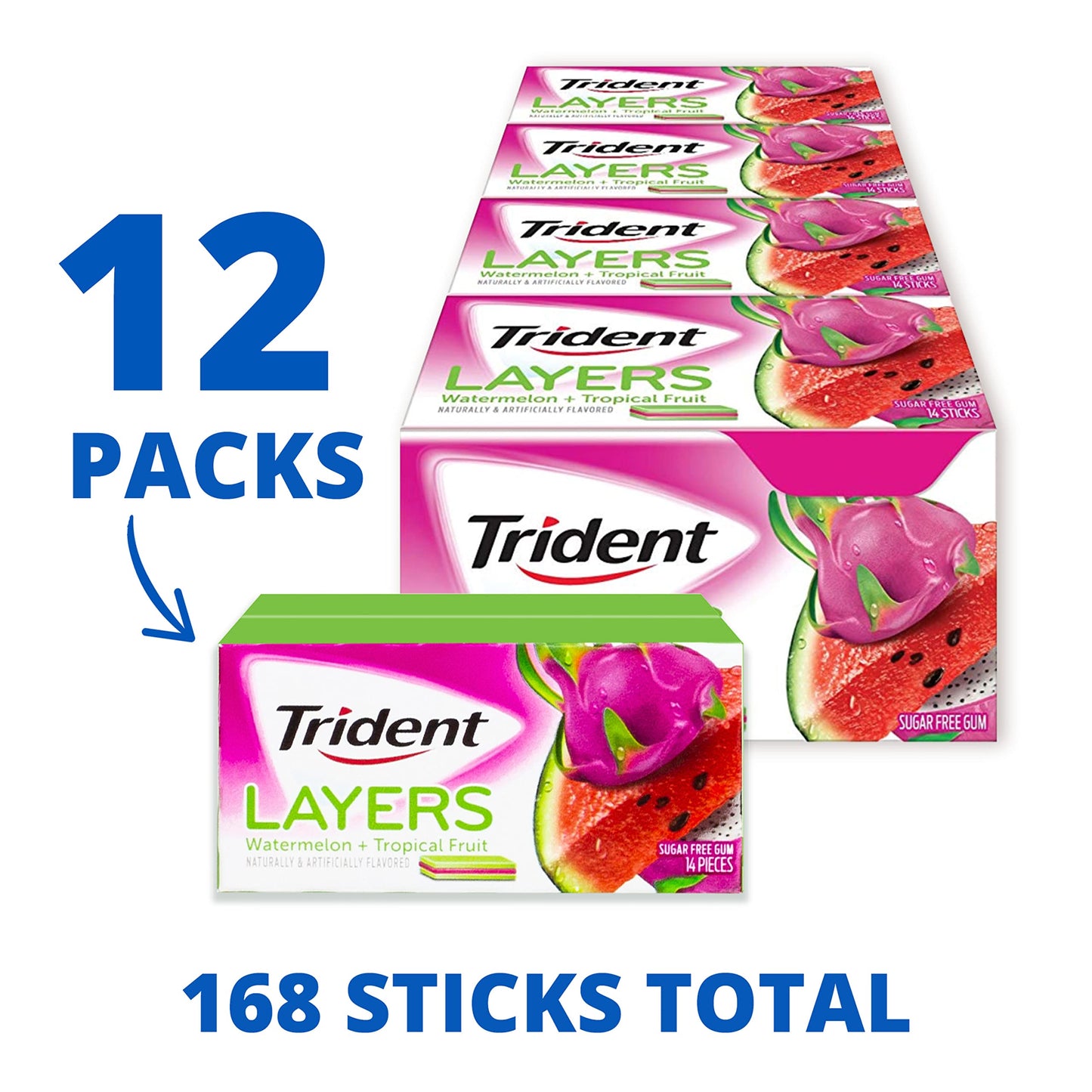 Trident Layers Watermelon & Tropical Fruit Sugar Free Gum, 12 Packs of 14 Pieces - Total 168 Pieces, Fresh Flavor, Perfect for On-the-Go