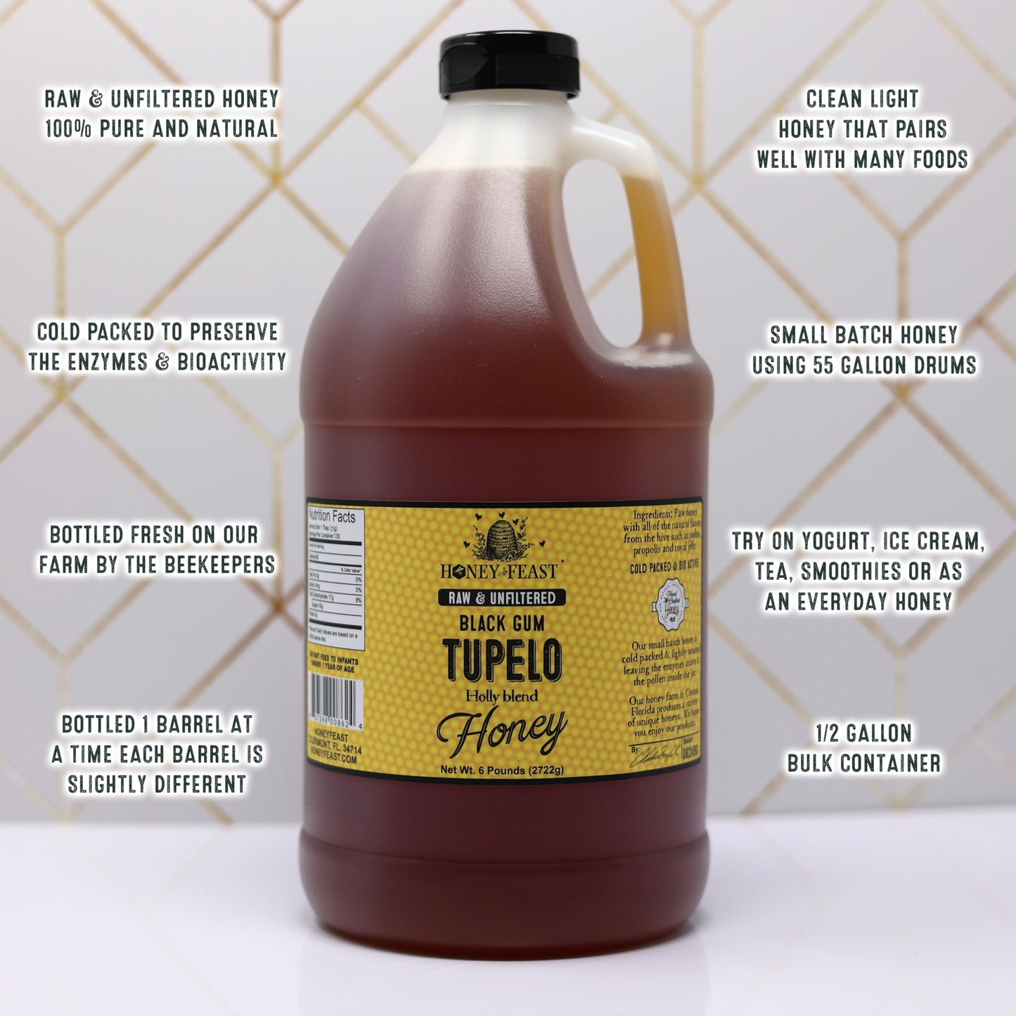 Honey Feast Tupelo Honey 6Lb - Authentic Florida Honey From Black Gum Tupelo & Holly Blend, Raw Honey Bulk, Pure American Honey