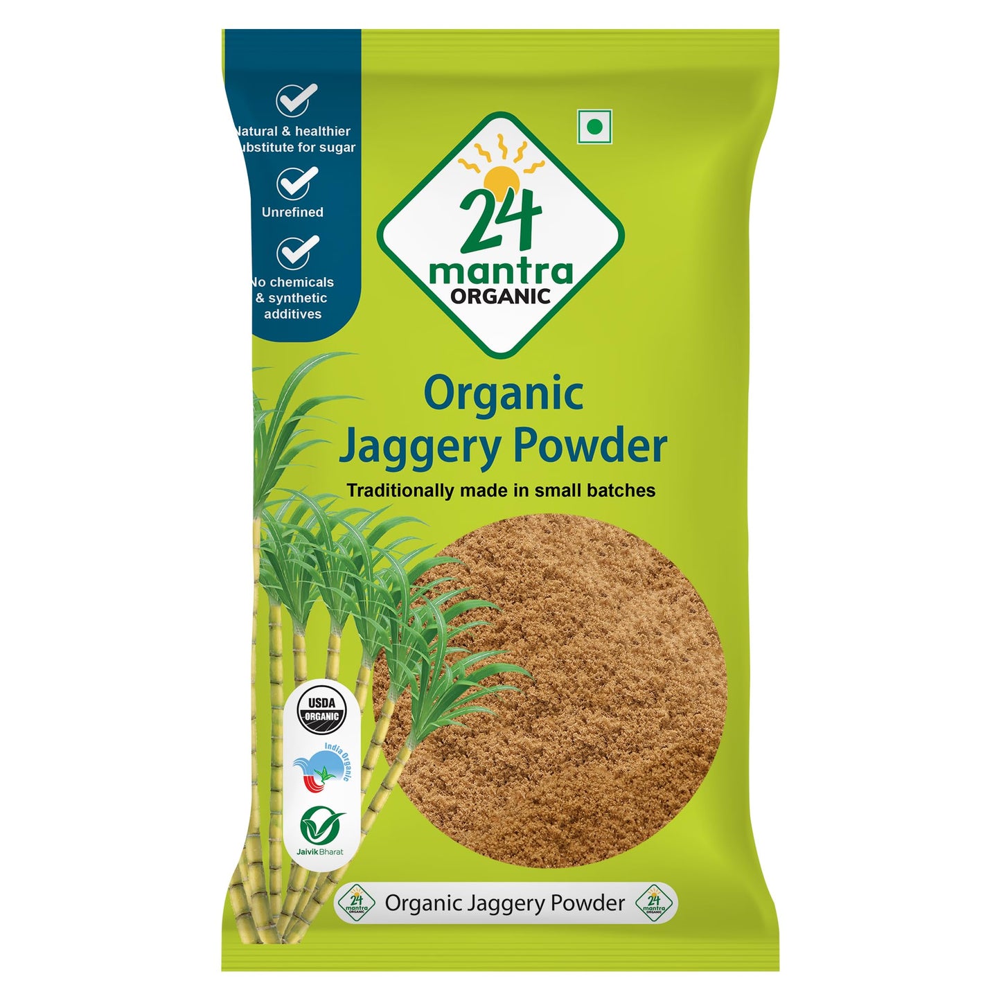 24 Mantra Organic Unbleached Jaggery Powder 500 Gms, Healthy Sugar Substitute, Unrefined & Unadulterated | Certified Organic & C
