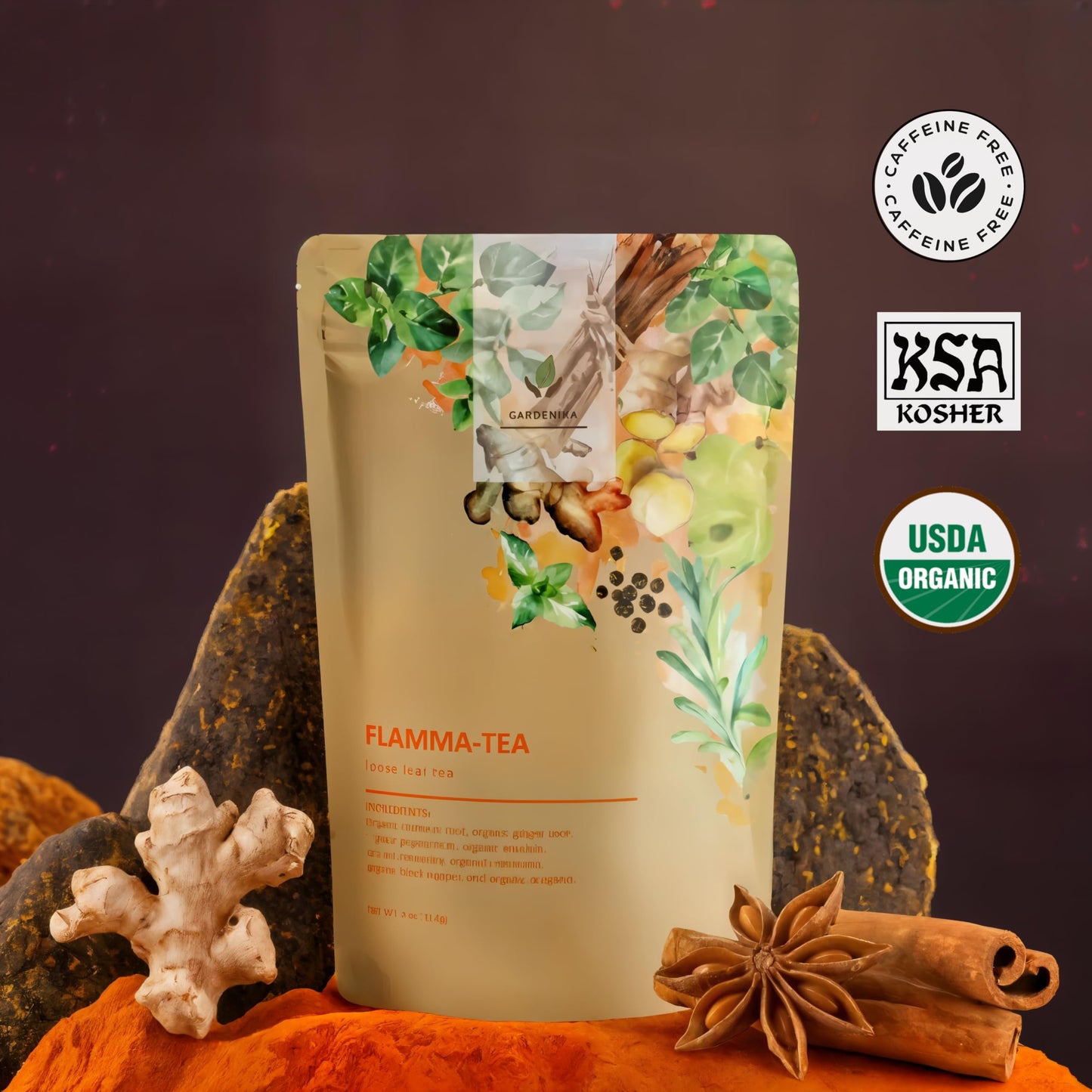 Gardenika Organic Flamma-tea Loose Leaf Tea - Turmeric Ginger Blend, Caffeine Free, 4oz (113g)