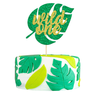 Gyufise 1Pc Glitter Wild One Cake Topper Jungle Safari Monstera Leaf One Cake Decoration For Kids First Birthday Baby Shower Par