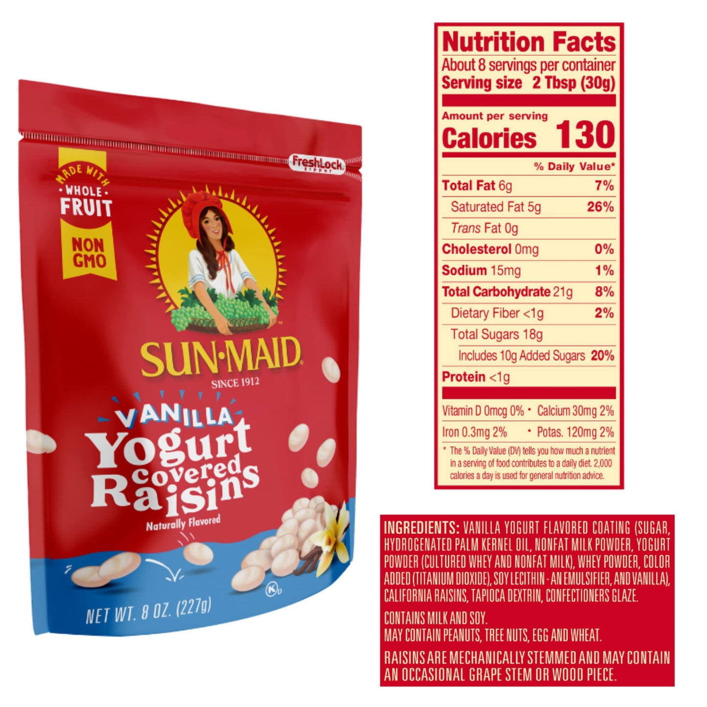 Sun-Maid Vanilla Yogurt Coated Raisins - (12 Pack) 8 oz Resealable Bag - Yogurt Covered Dried Fruit Snack for Lunches and Snacks