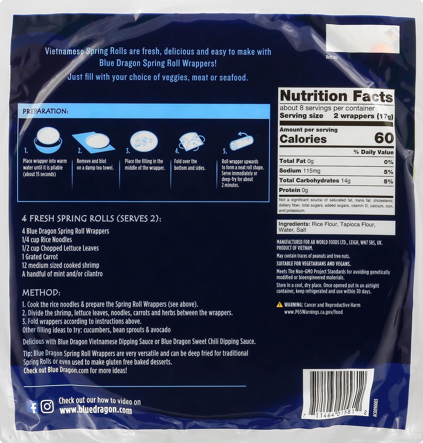 Blue Dragon Spring Roll Wrappers, Four simple authentic ingredients, Gluten free, Vegan friendly, NON-GMO, No preservatives, 4.7