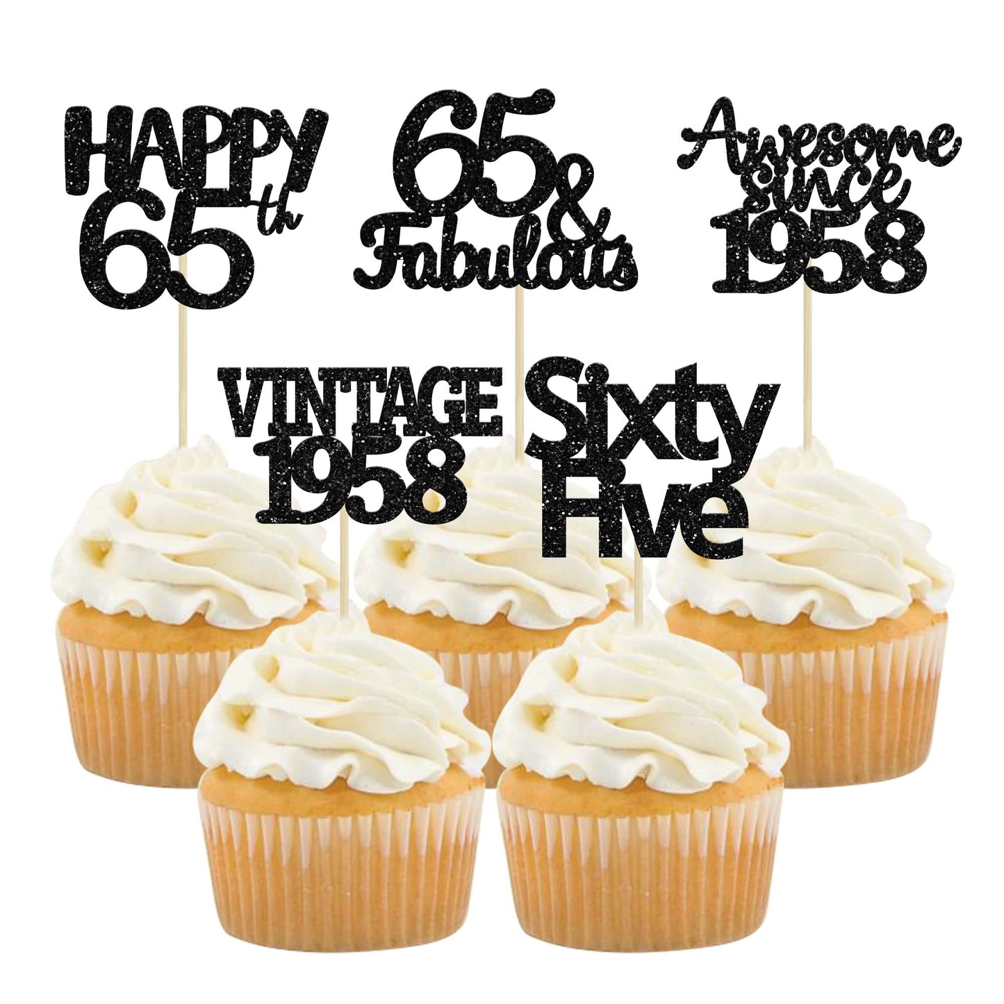 Gyufise 30 Pack Gold Glitter 65th Birthday Cupcake Toppers Vintage 1958 Cake Toppers Hello 65 Cake Topper Sixty Five 65 & Fabulo