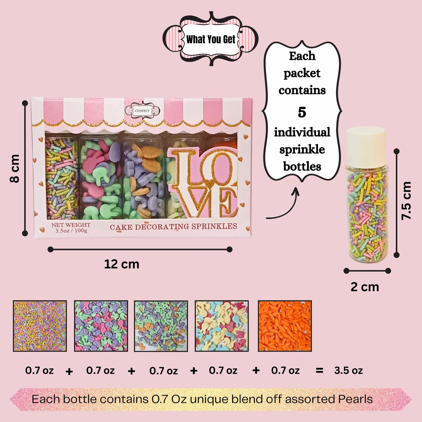 Confect Easter Sprinkles Edible | Assorted Pack Of 5 Pink, Yellow, Red, Silver And Green Vermicelli And Easter Bunny I Cookies,