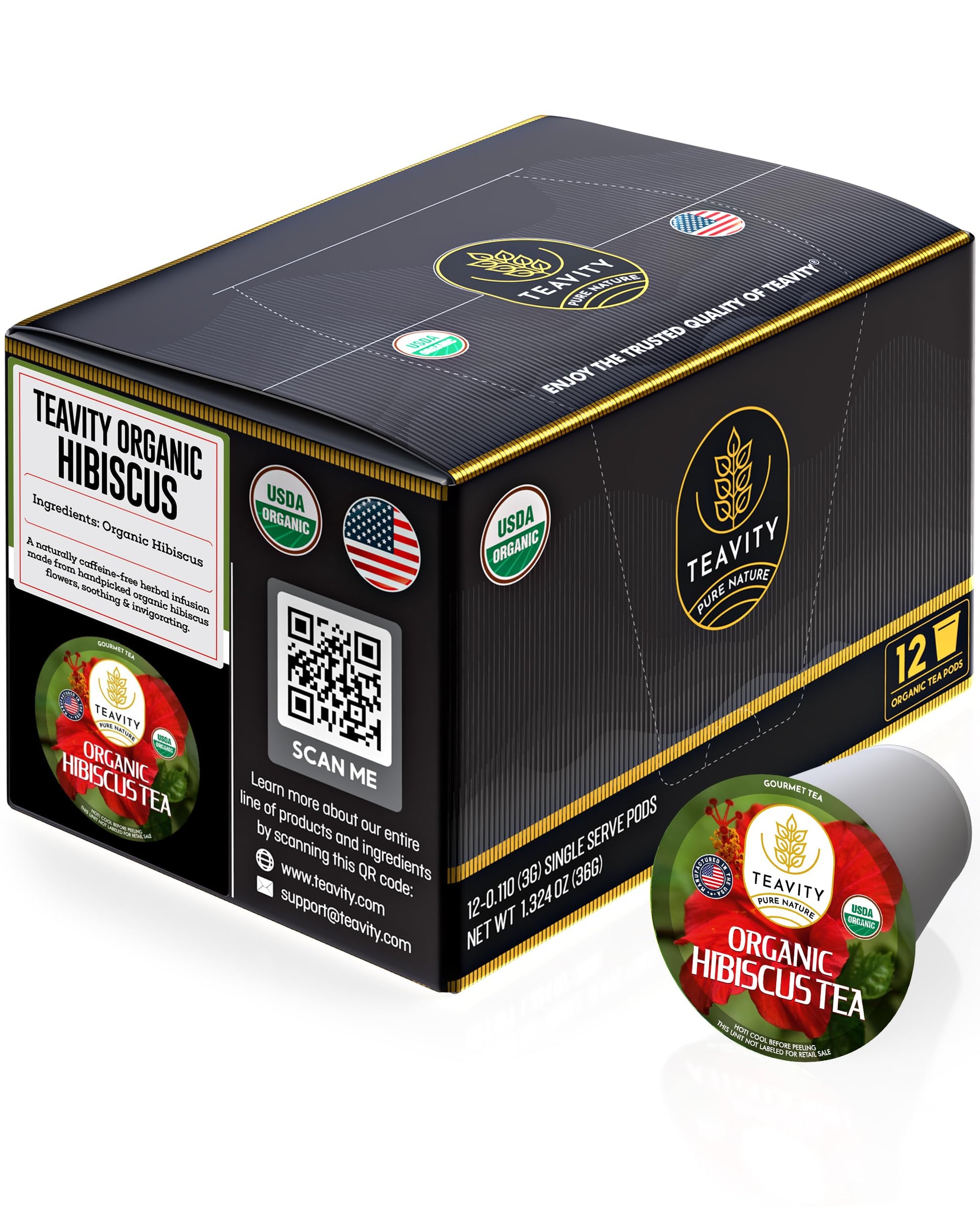 Teavity Organic Hibiscus Sabdariffa Tea Pods, Naturally Decaf, 12 Count