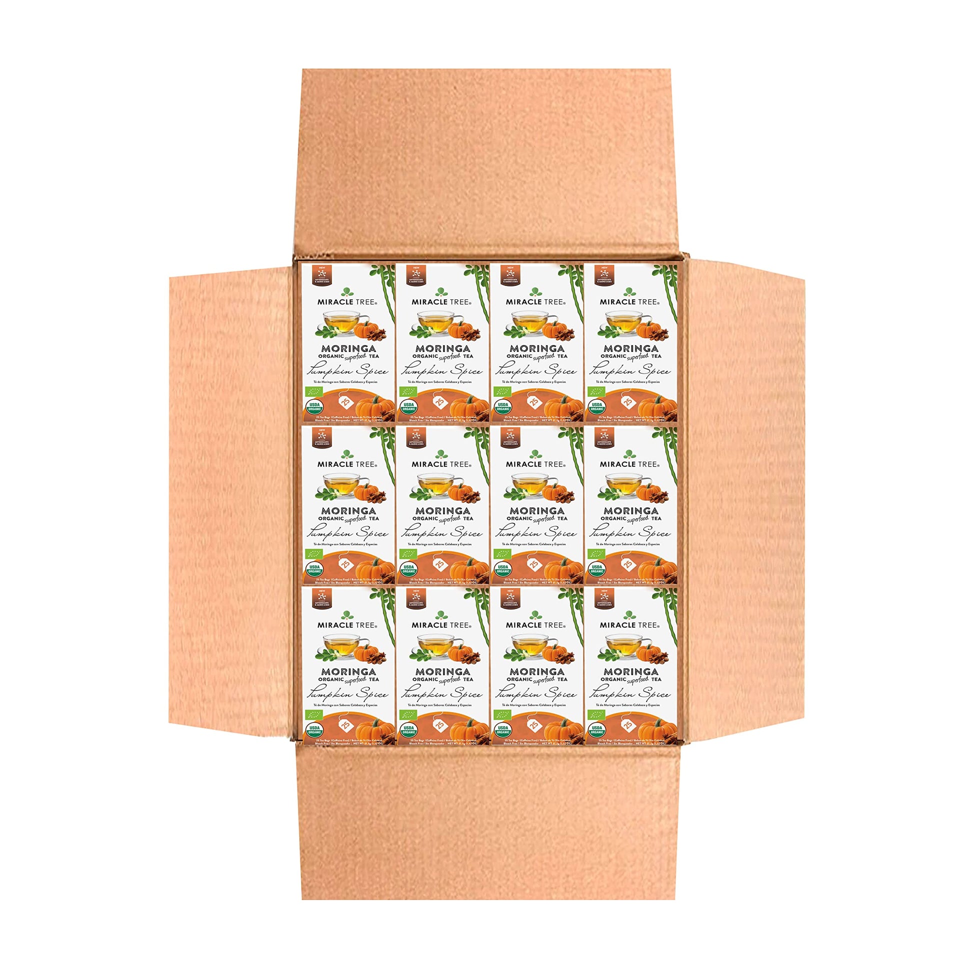 Miracle Tree Organic Moringa Superfood Tea - 25 Tea Bags, Pumpkin Spice, 12 Count Pack, Vegan, Gluten-Free, Caffeine-Free